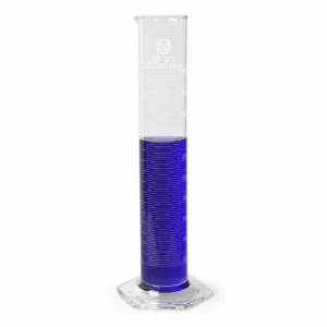 HuaouLabware 1601H hexagonal glass base measuring cylinder with blue liquid