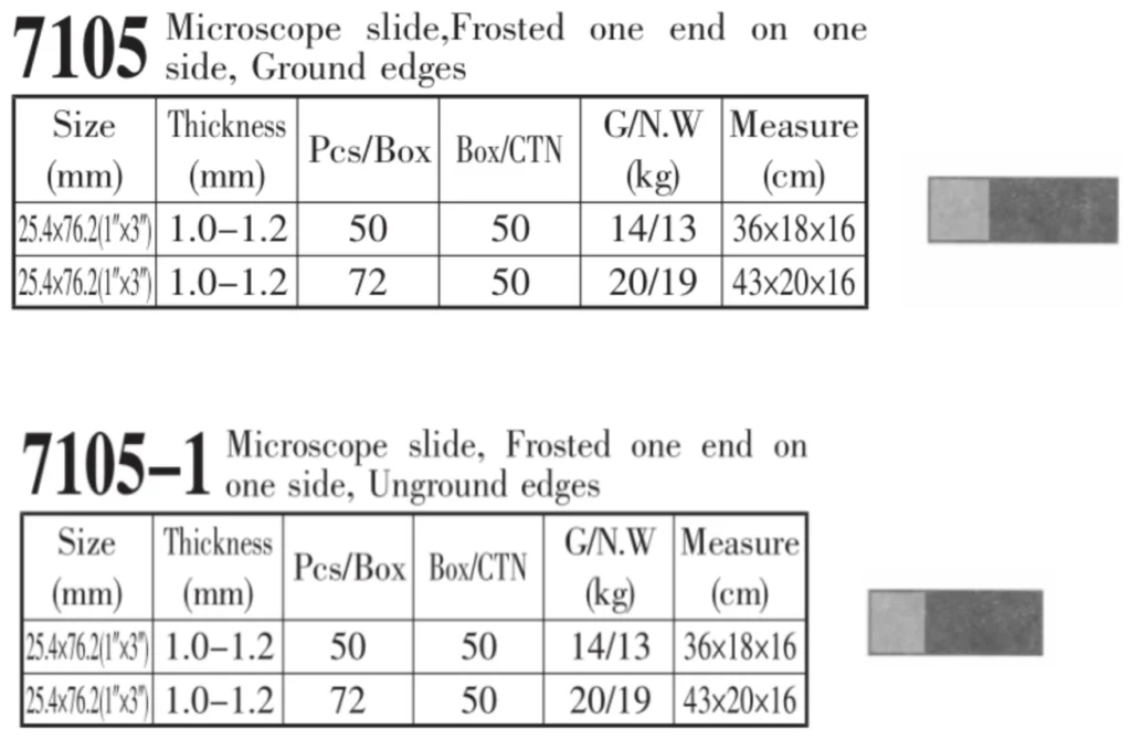 HuaouLabware 7105 and 7105-1 frosted microscope slides specifications