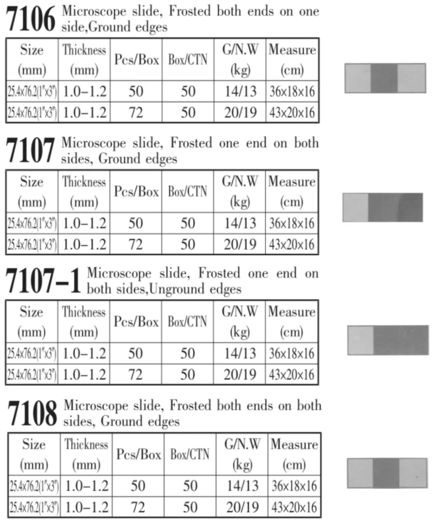 HuaouLabware 7106 7107 7107-1 and 7108 frosted microscope slides specifications