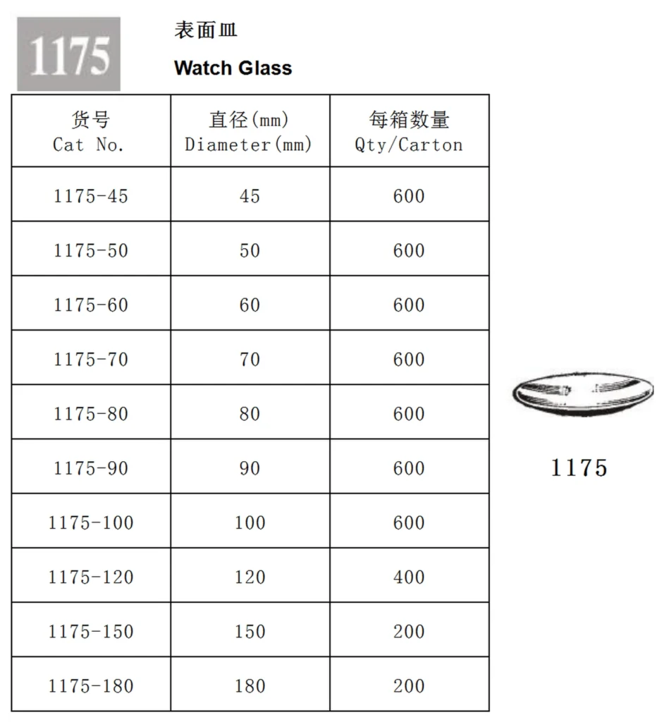 HuaouLabware 1175 watch glass specifications