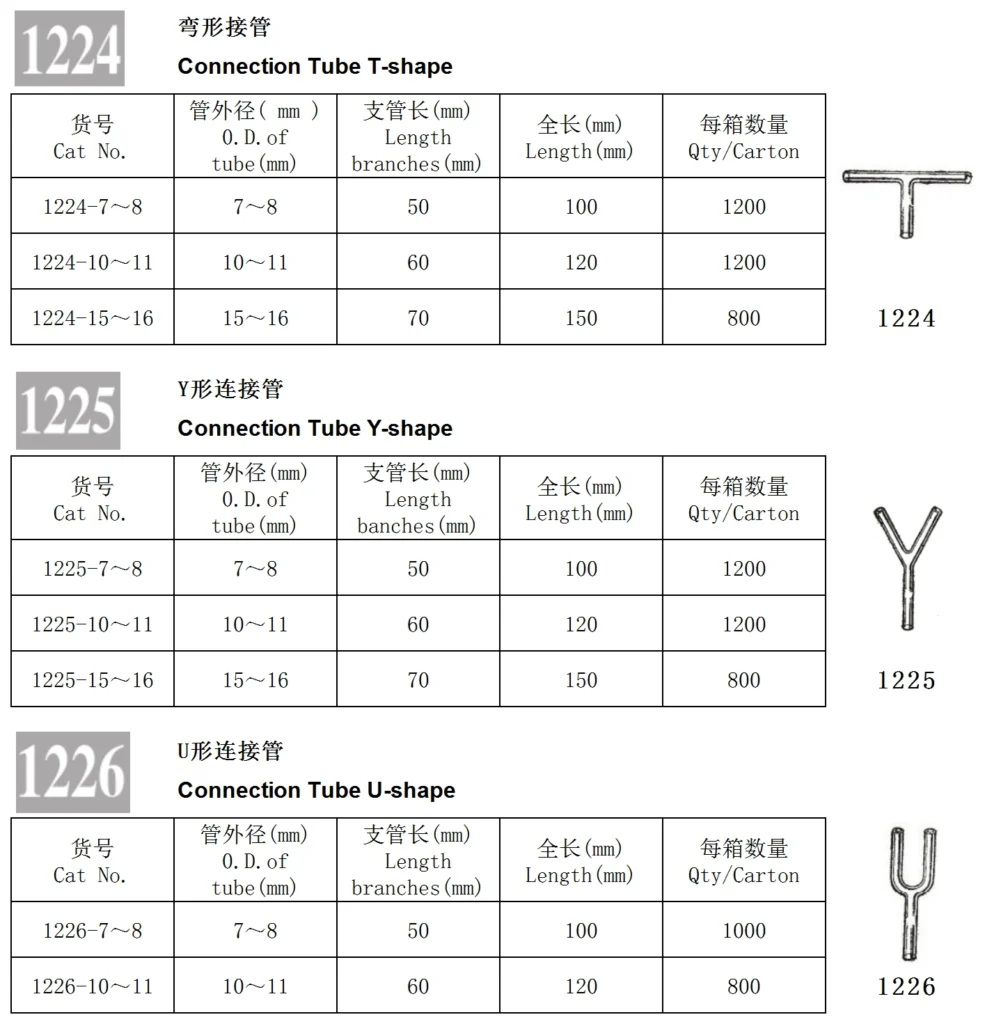 HuaouLabware 1224 T-shaped, 1225 Y-shaped and 1226 U-shaped glass connecting tube specifications